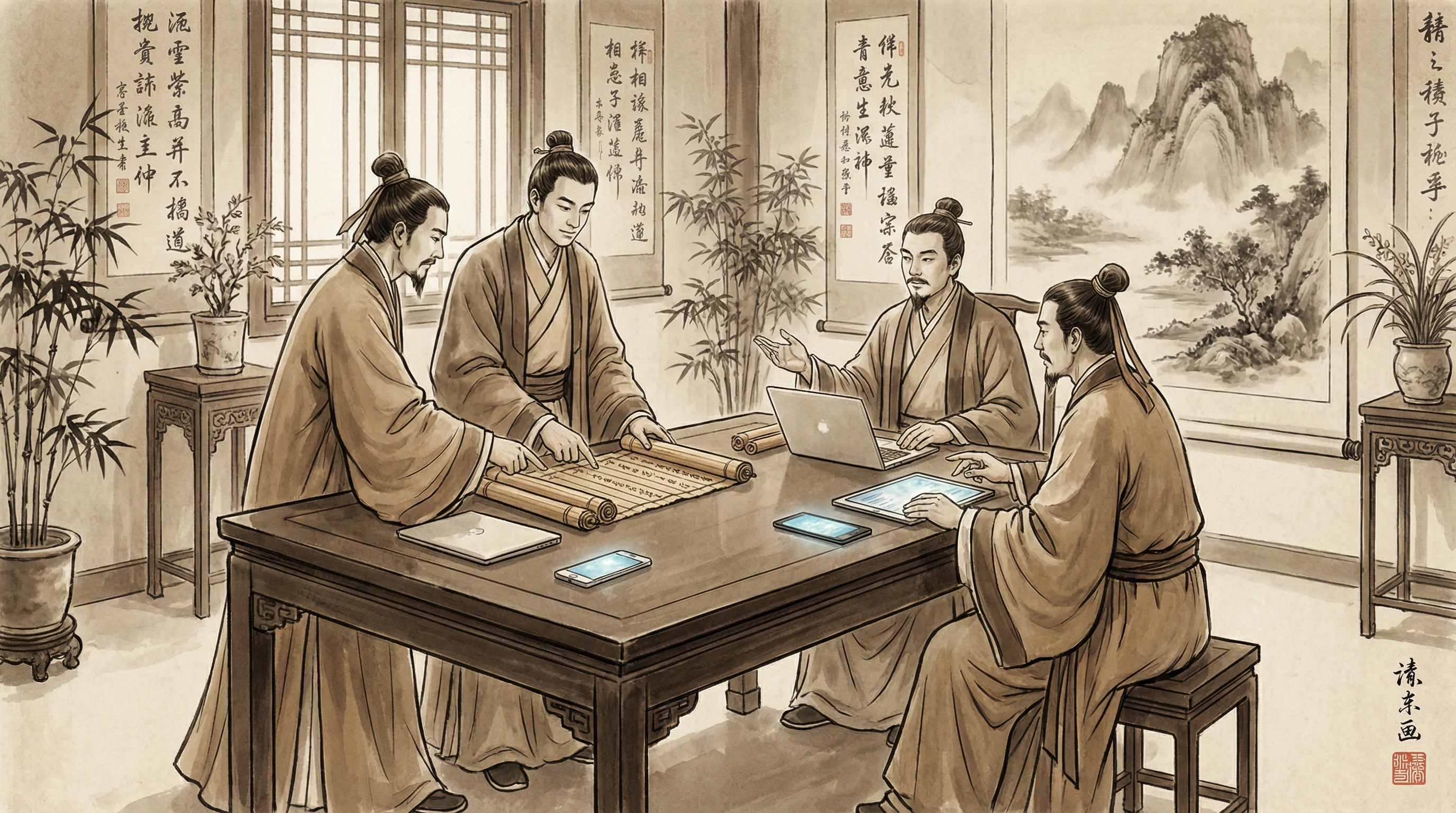 ag捕鱼专业团队水墨风格工作场景